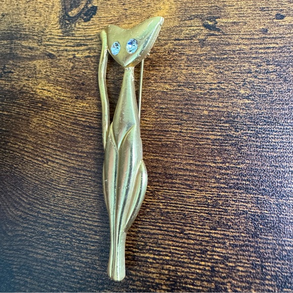 Gold Tone Slim Cat Brooch with Rhinestone Eyes - Picture 6 of 11